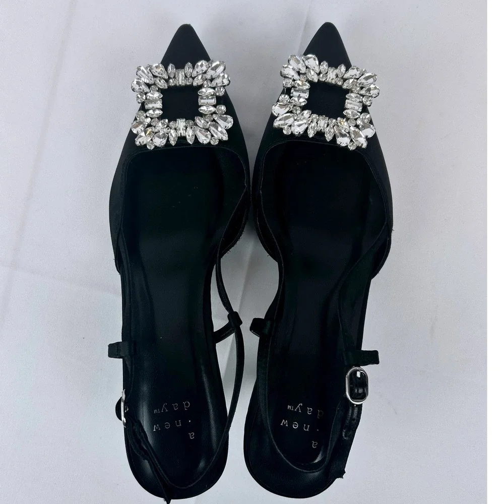 A New Day Black Satin Crystal Buckle Pointed Toe Slingback Kitten‎ Heels 8.5